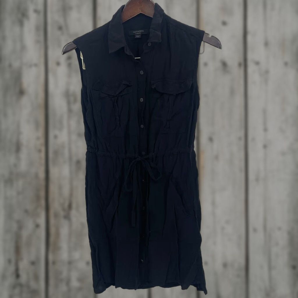 Allsaints All Saints Millie Sleeveless Dress XS Black Button Collared Tie Waist Boho Minimalist Shirt Dress Womens 90s Beach City (no extra) Size XS / US 0-2 / IT 36-38 - 1 Thumbnail