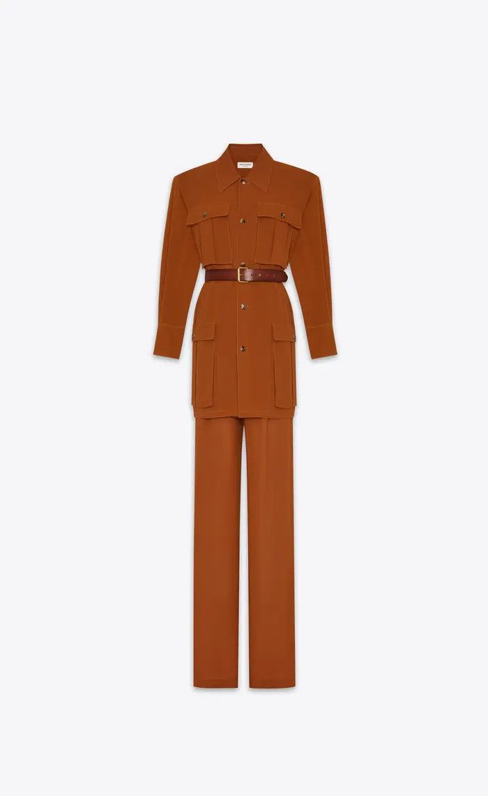 Saint Laurent Paris o1bcso1str1125 Shirt And Pants Set in Silk in Brown Size 28" / US 6 / IT 42 - 1 Thumbnail