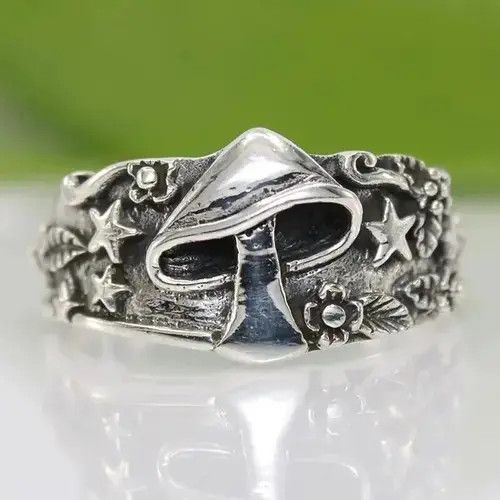 Handmade × Jewelry Mushroom Ring DMT Silver Shrooms Punk Art Trippy Psychedelic Size ONE SIZE - 1 Thumbnail