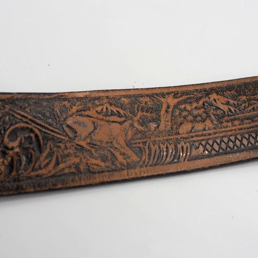 Vintage VINTAGE Brown Genuine Hand Tooled Woven Leather Belt Outdoors Deer Mens L Brown 1-3/8" Wide 47-1/2" Overall Size ONE SIZE - 3 Thumbnail