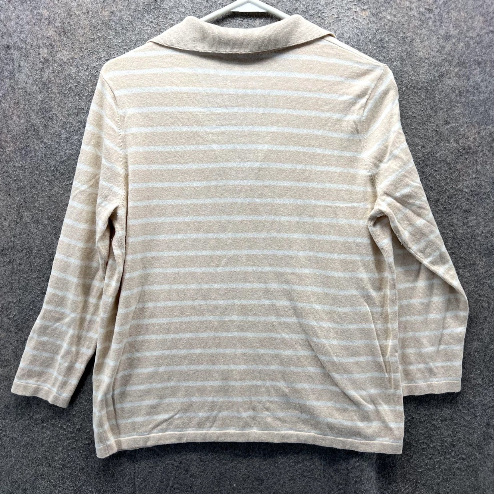 J.McLaughlin J. McLaughlin Polo Shirt Womens Medium Beige Stripe 3/4 Sleeve Collared Top Size M / US 6-8 / IT 42-44 - 2 Thumbnail