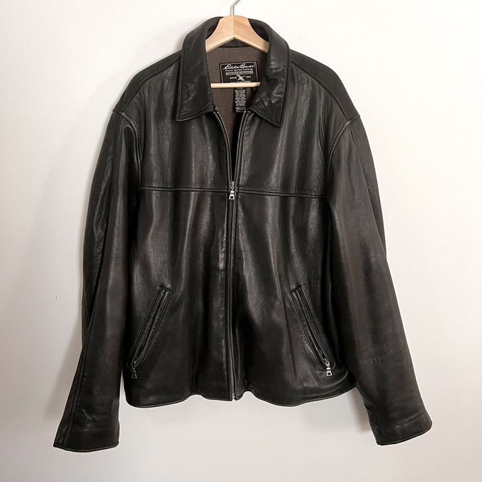 EDDIE BAUER Black Distressed Full Zip Leather Jacket Mens Size Lg