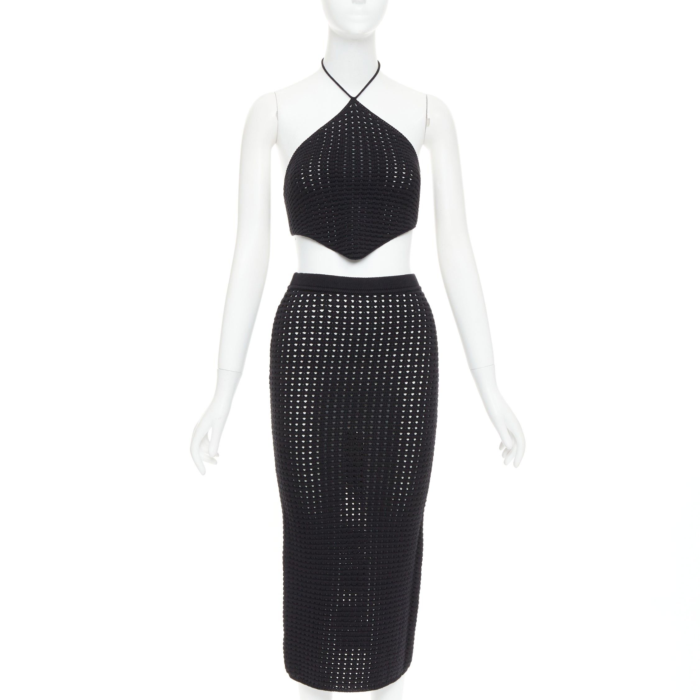 Reformation REFORMATION Circa black organically cotton open knit halter top skirt set XS Size S / US 4 / IT 40 - 1 Thumbnail
