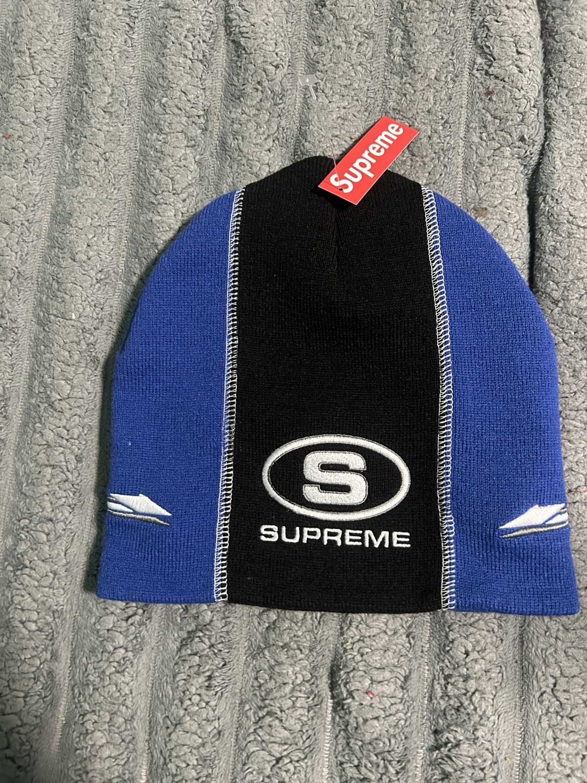 Supreme Supreme racing panel beanie navy | Grailed
