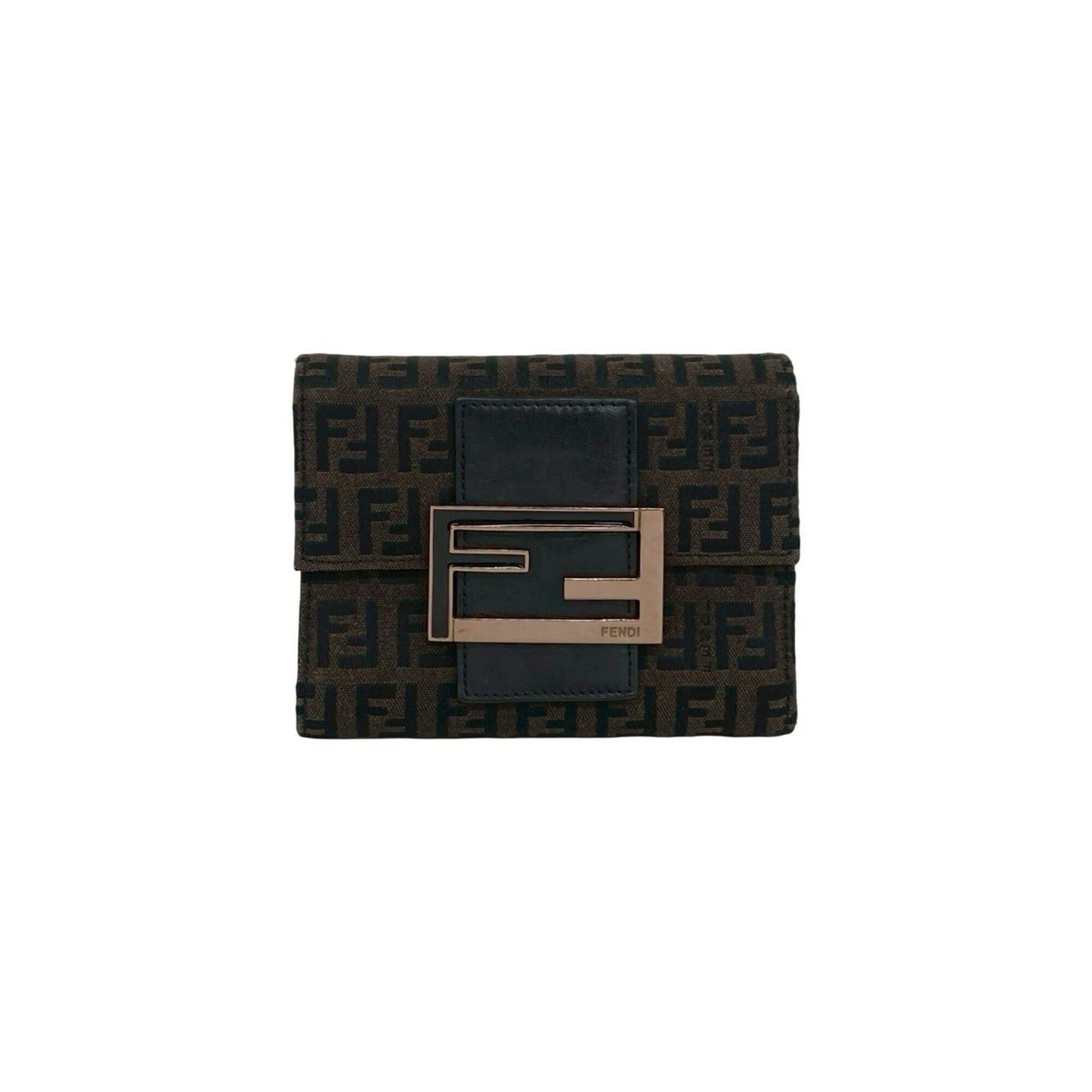 Fendi FENDI Zucchino FF pattern logo hardware canvas leather genuine trifold wallet mini brown black 20681 Size ONE SIZE - 1 Thumbnail