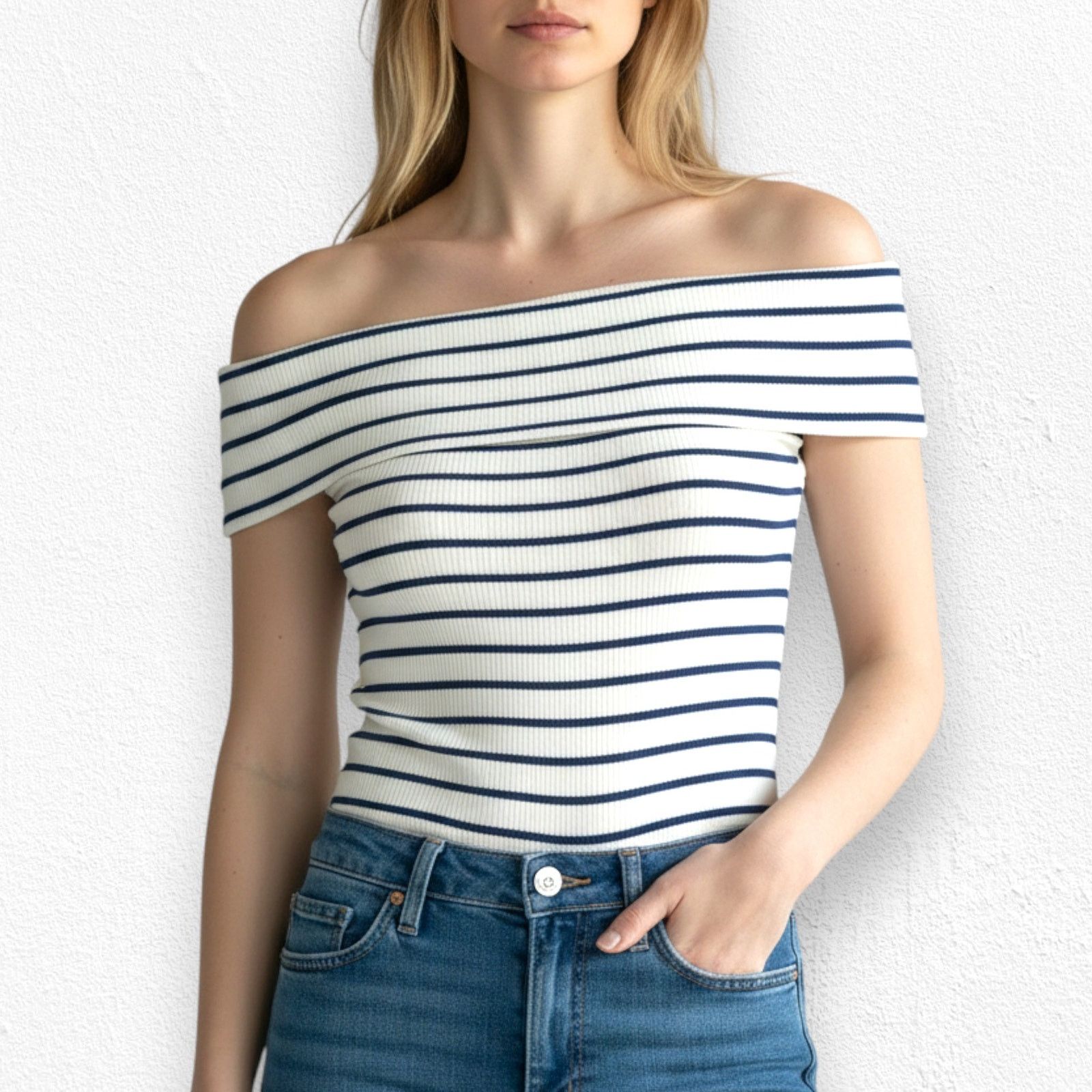 Free People White Blue Off the Shoulder Striped Top Size Medium Size M / US 6-8 / IT 42-44 - 3 Thumbnail