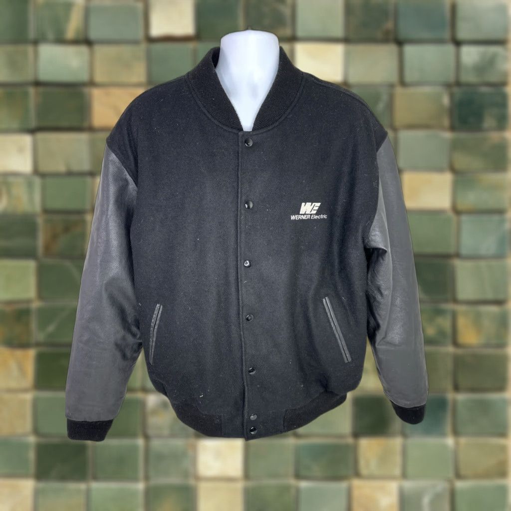 Vintage VINTAGE Black Wool Leather Varsity Jacket Werner Electric Advertising Coat XL Men Coat Black Varsity Jacket 90s Size US XL / EU 56 / 4 - 1 Thumbnail