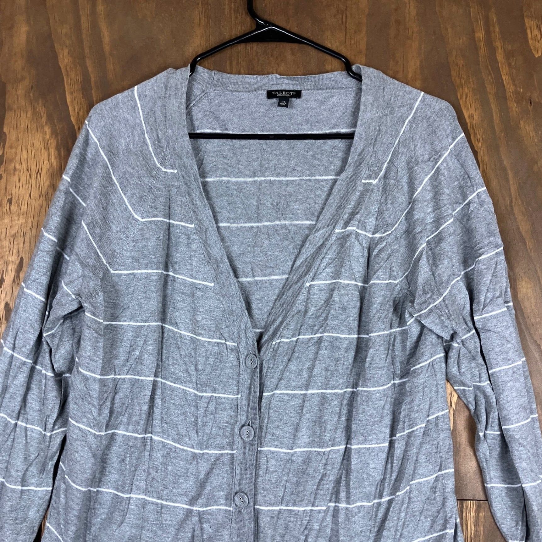 Talbots Talbots Cardigan Sweater Gray White Striped Button Front V-Neck Long Sleeve XL Womens Size XL / US 12-14 / IT 48-50 - 2 Thumbnail