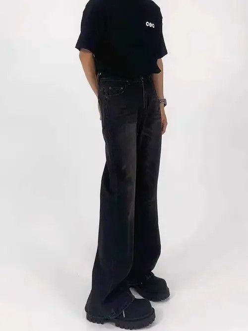 Japanese Brand Street Carbon Black Heavy Micro Flare Wide Leg Jeans Size US 34 / EU 50 - 2 Thumbnail