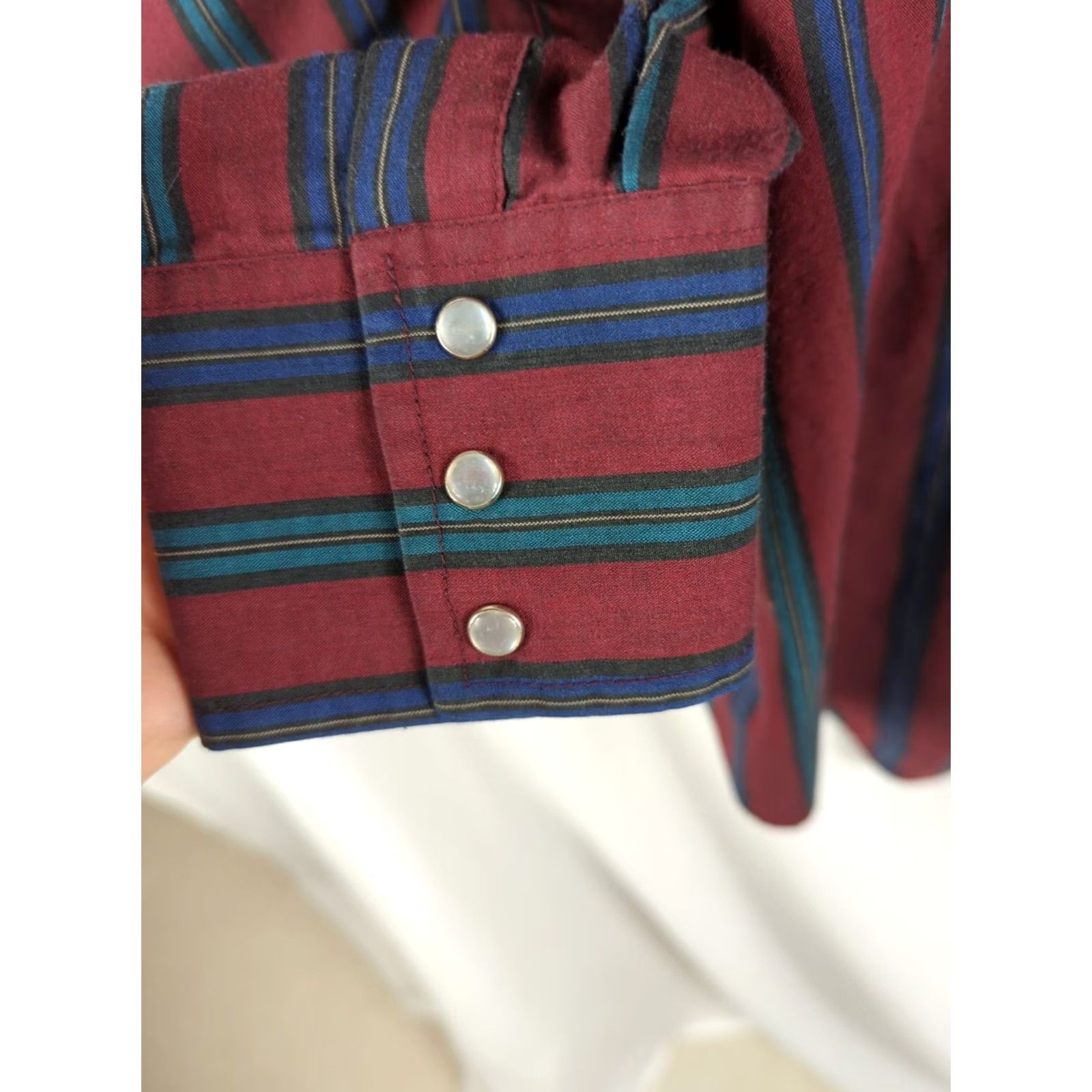 Vintage VINTAGE Ely Cattleman Button-Up Shirt Western Mens XL Burgundy Green Pearl Snap Snap Buttons Collared Striped Pattern Cowboy Dress Shirt Size 46R - 4 Thumbnail