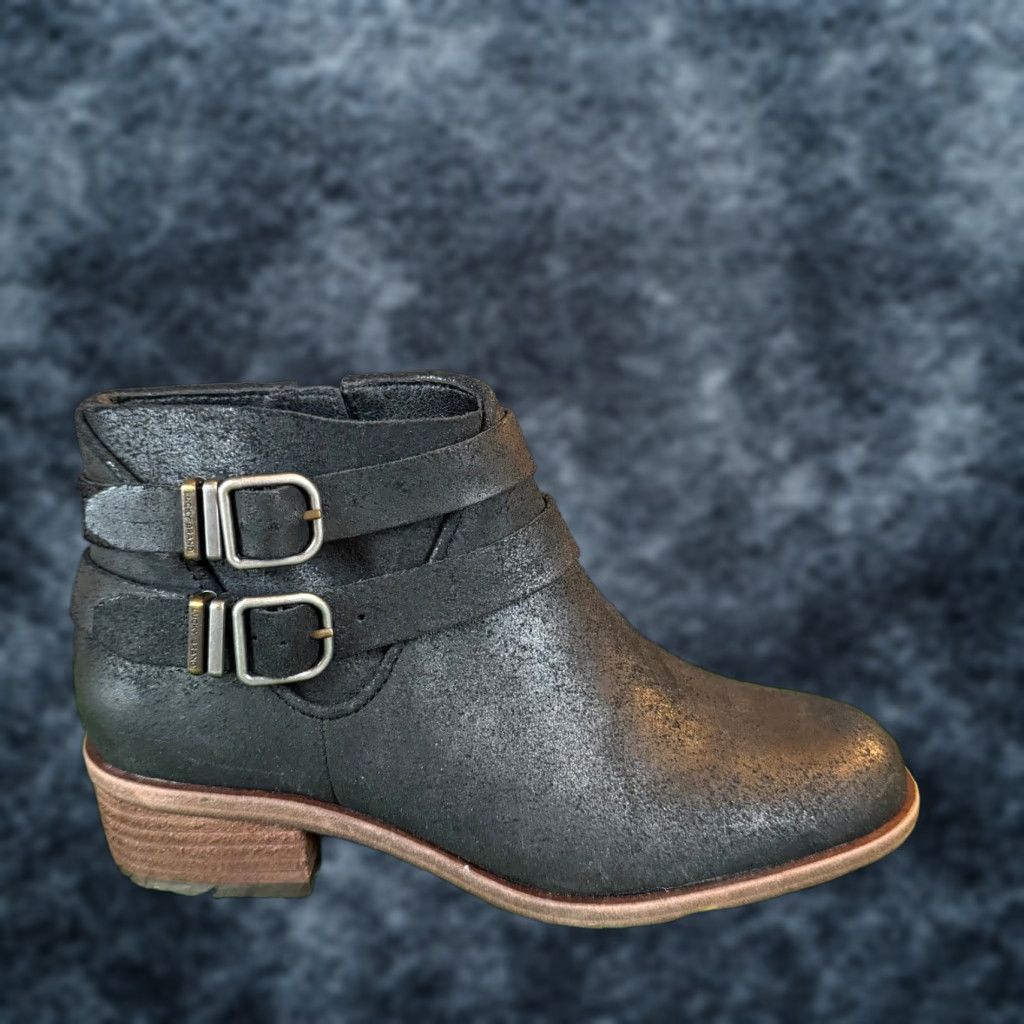 Lucky Brand Lucky Brand Black Metallic Leather Ankle Bootie Womens 6.5M Buckle Zip Block Heel 4.5" Shaft Moto Western Casual Workwear Size US 7 / IT 37 - 1 Thumbnail