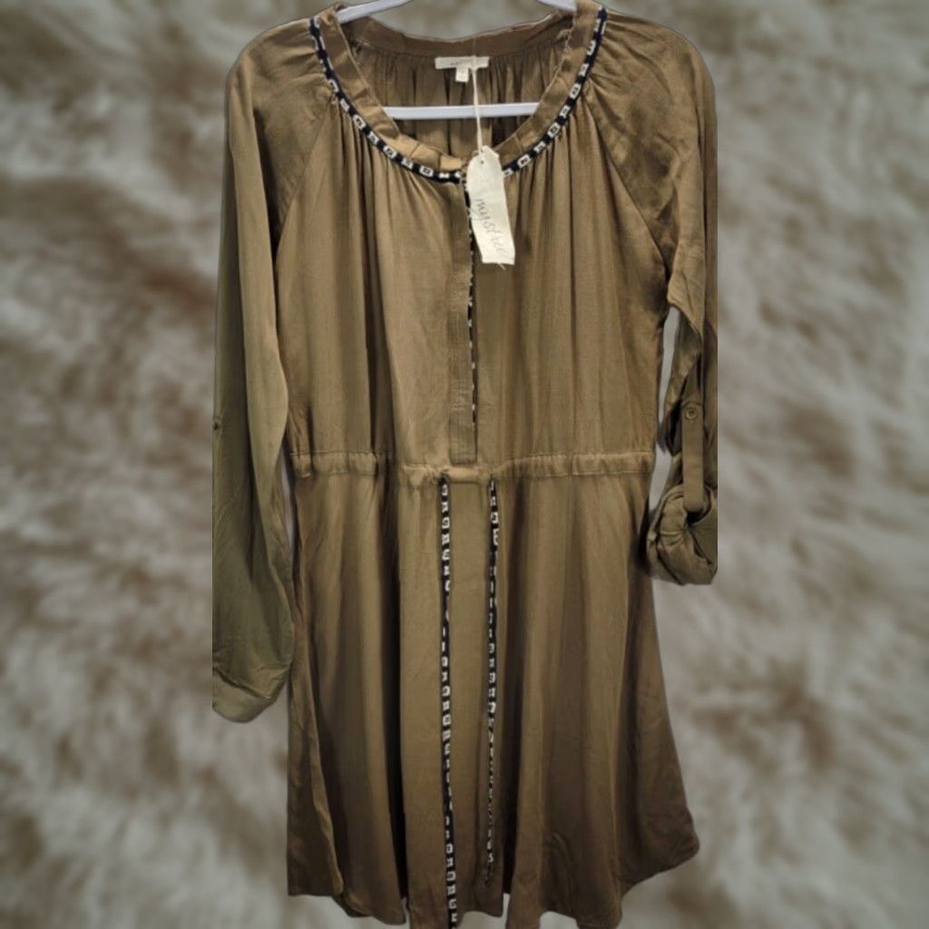 Anthropologie Mystree Anthropologie Shirt Dress XS/S Olive Green Brown Raw Hem Tie Waist Flowy New Size S / US 4 / IT 40 - 1 Thumbnail