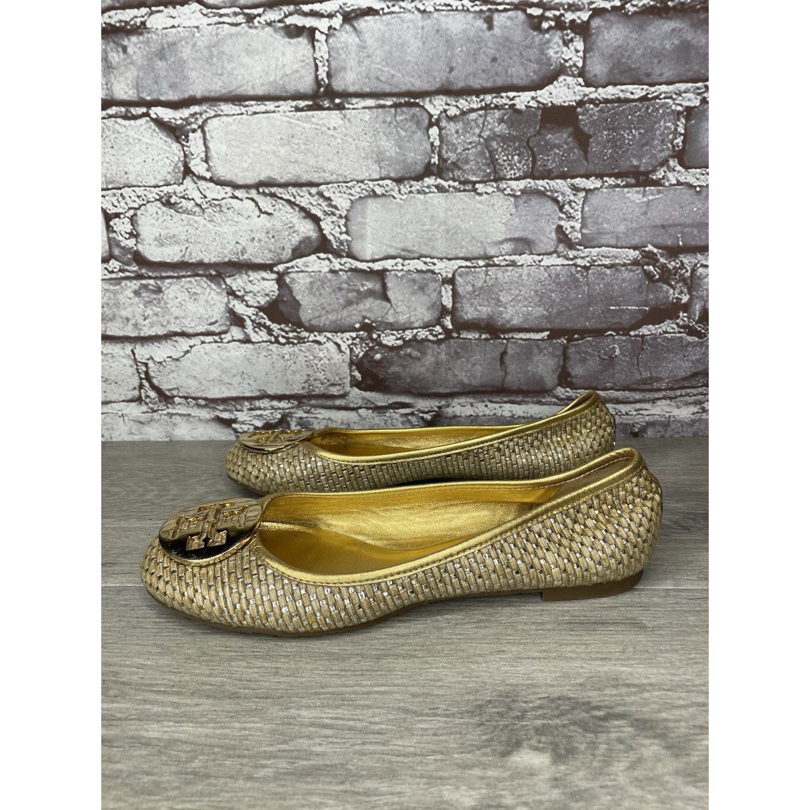 Tory Burch Tory Burch Straw Reva Gold Leather Logo Ballet Flats Women’s Size US 7.5 / IT 37.5 - 19 Thumbnail