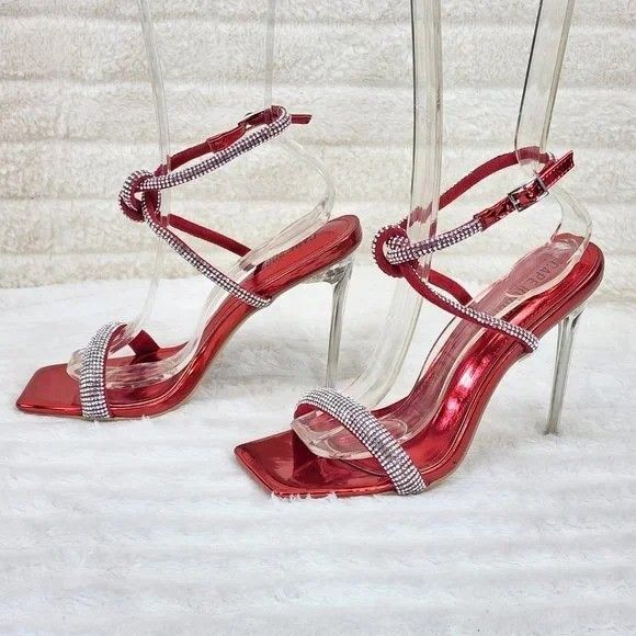 Other Lexton Red Metallic Knotted Strap Rhinestone Stiletto High H Size US 8 / IT 38 - 3 Thumbnail