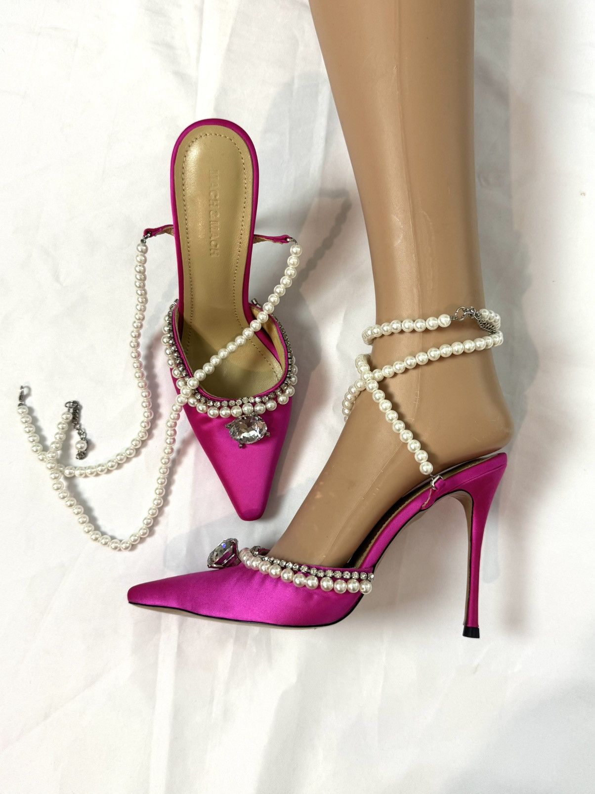 MACH & MACH Crystal Embellished Leather / Satin Pumps Pearl Lace Ties 38 Size US 7 / IT 37 - 2 Thumbnail