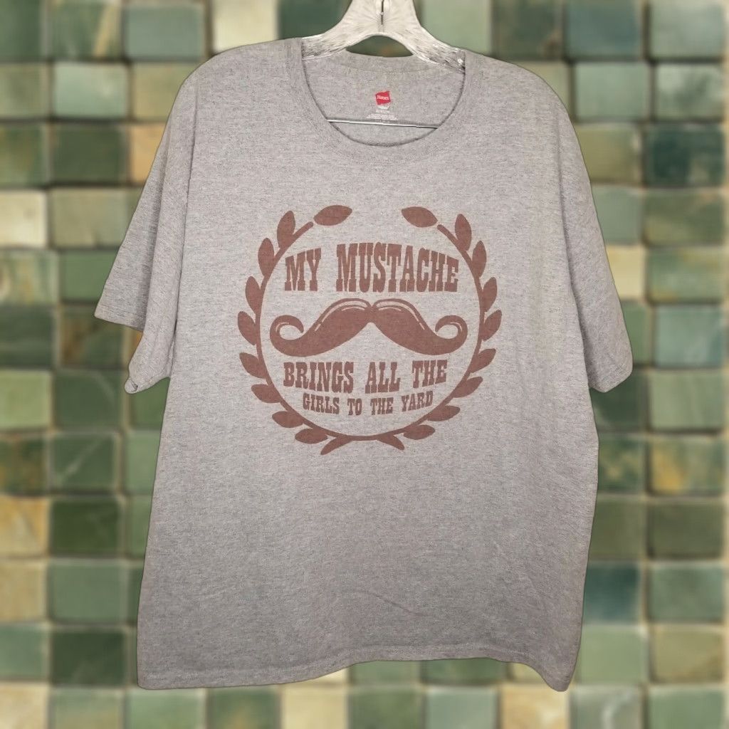 Hanes VINTAGE Hanes Men's T-Shirt XL Gray My Mustache Brings All The Girls To The Yard Mens Size US XL / EU 56 / 4 - 1 Thumbnail