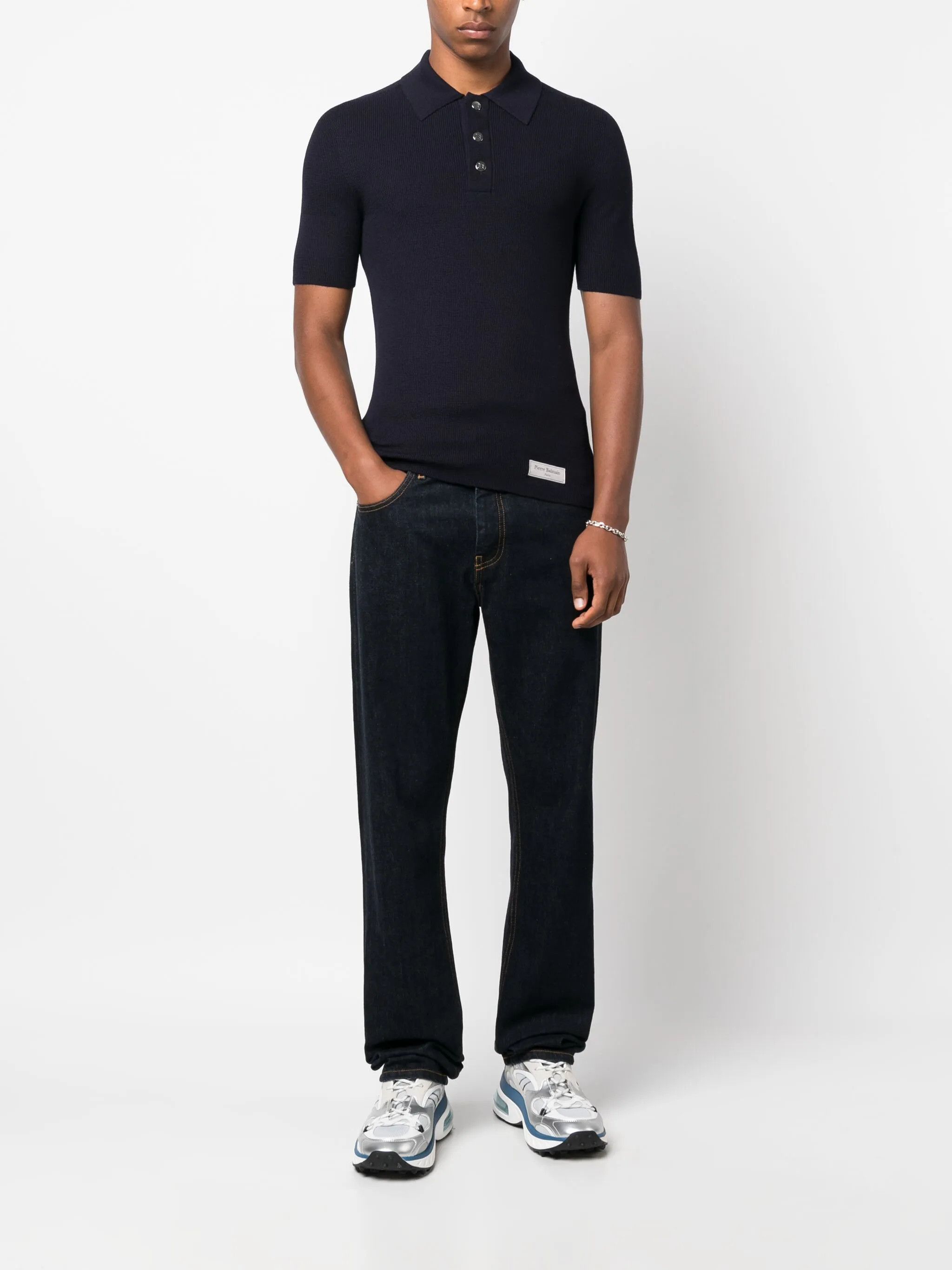 Balmain o1srvl11e1025 Logo Patch Wool Polo Shirt in Navy Size US M / EU 48-50 / 2 - 2 Thumbnail