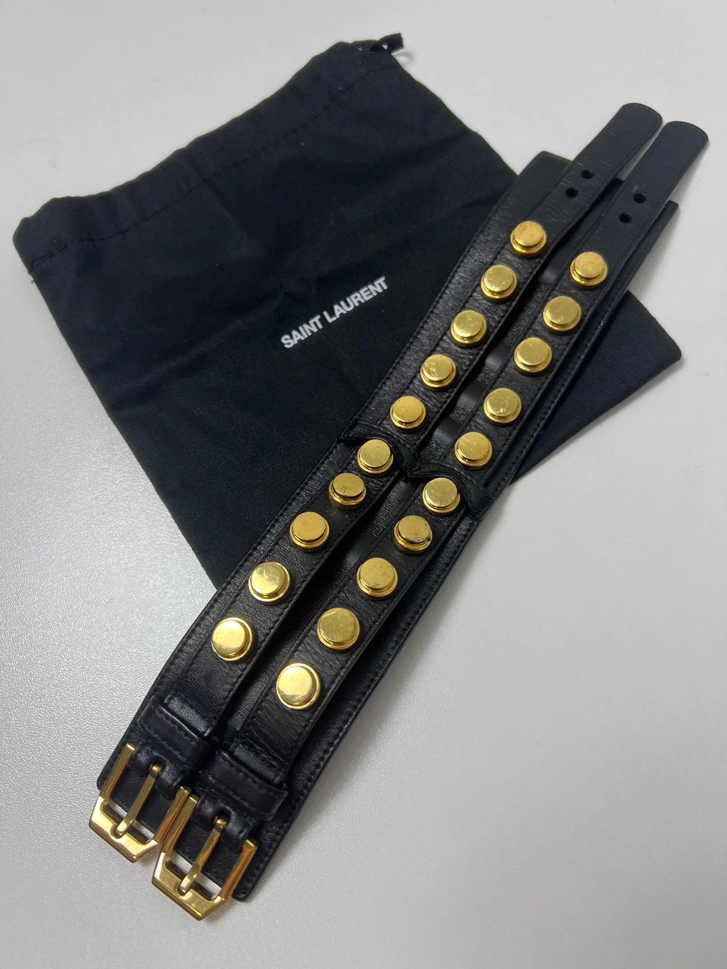 Saint Laurent Paris SLP Breasted Studded Black Leather Bracelet Adjustable Size ONE SIZE - 1 Thumbnail