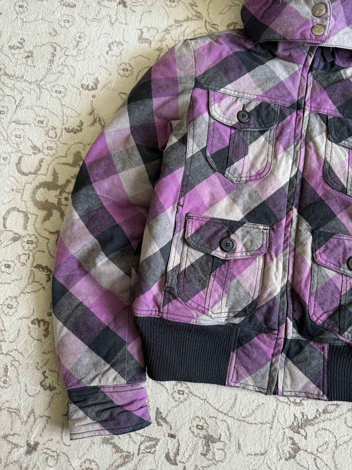 Hysteric Glamour Vintage Fur Hood Plaid Canvas Crop Jacket Punk Goth Emo Y2K Size S / US 4 / IT 40 - 4 Thumbnail