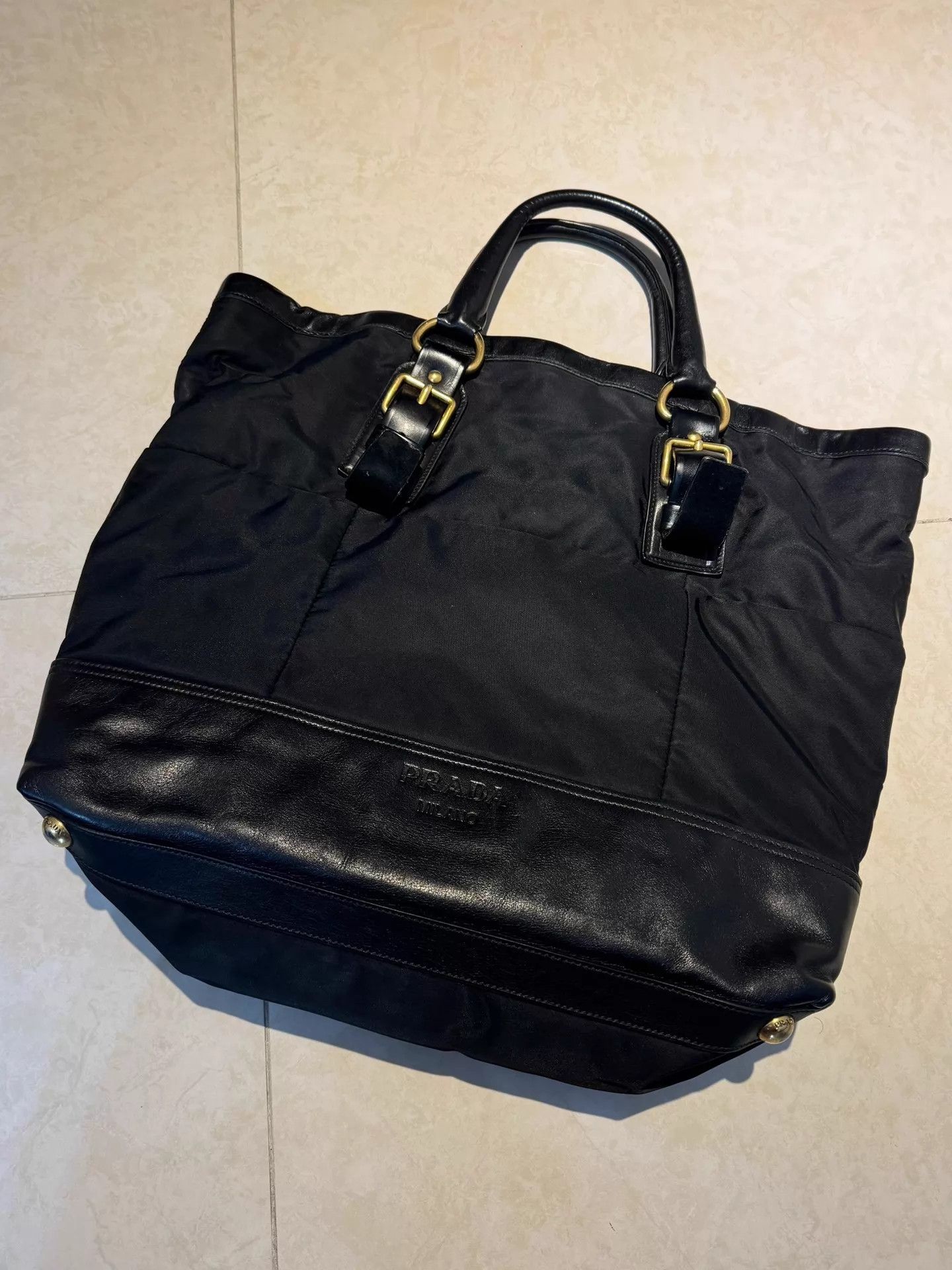 Prada Prada Logo Nylon Waxed Leather Tote Bag Unisex Black Size ONE SIZE - 1 Thumbnail