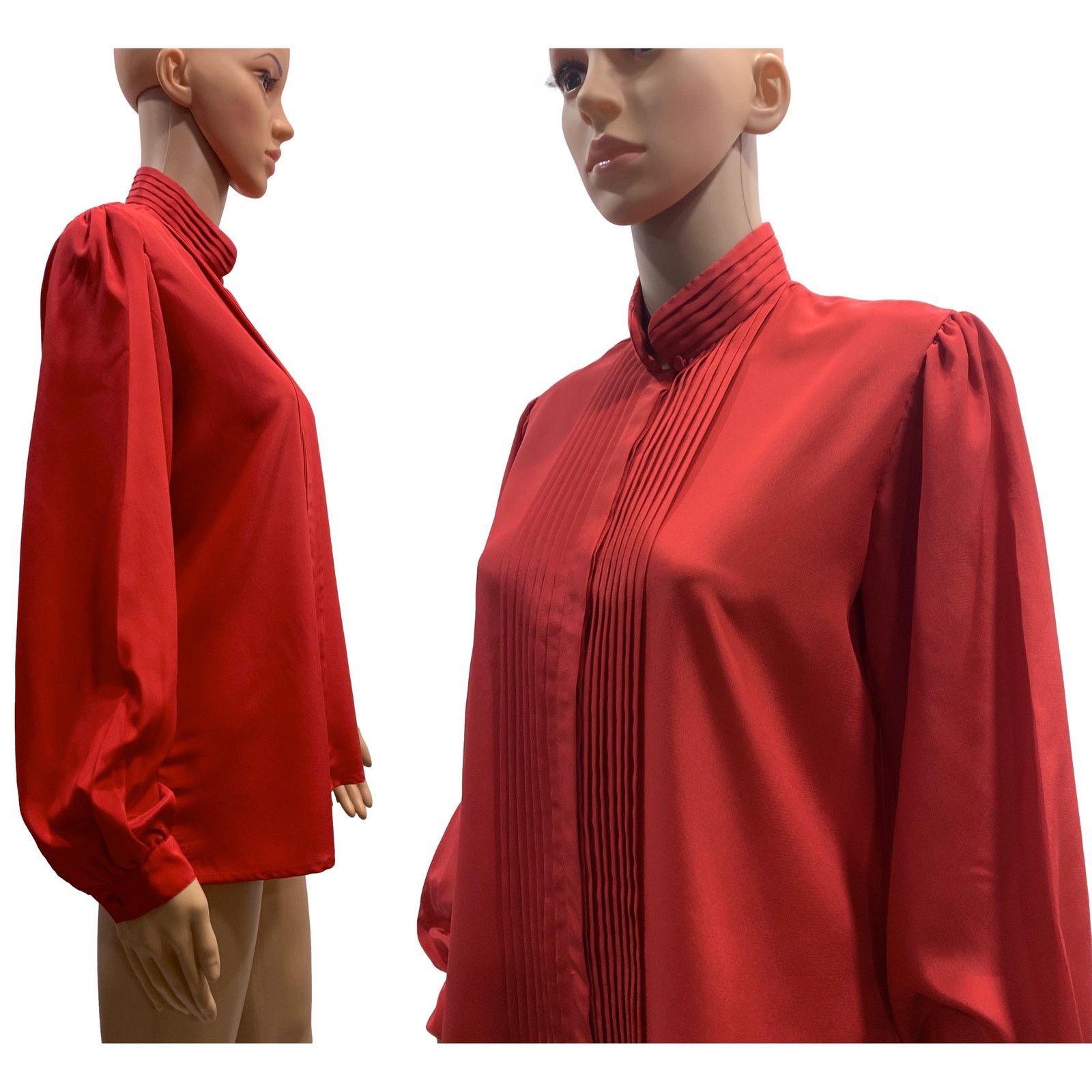 Vintage 70s Red High Collar Secretary Blouse with Pleats | M/L Size M / US 6-8 / IT 42-44 - 3 Thumbnail