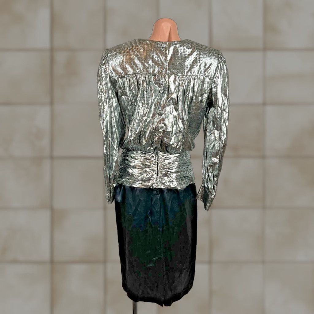VINTAGE 80s Prom Dress Zoet Sheath Cocktail Evening Gown Satin Lame Shiny Puffy Sleeve Silver 1980s 12 Womens