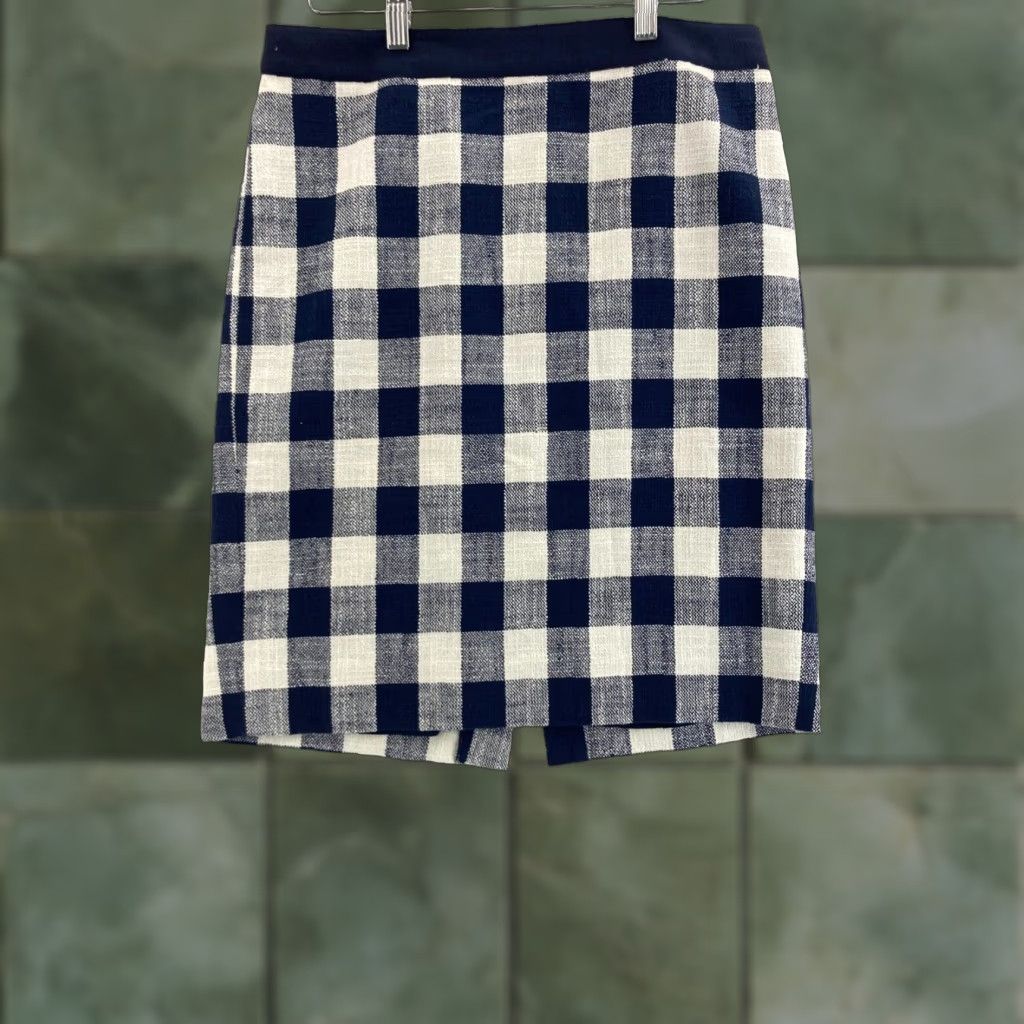 J.Crew J.CREW Pencil Skirt Womens 4 Navy White Check Cotton Linen Twill Knee Length Multicolor Modern Gingham Plaid Office Business Womens 4 Size 27" / US 4 / IT 40 - 1 Thumbnail