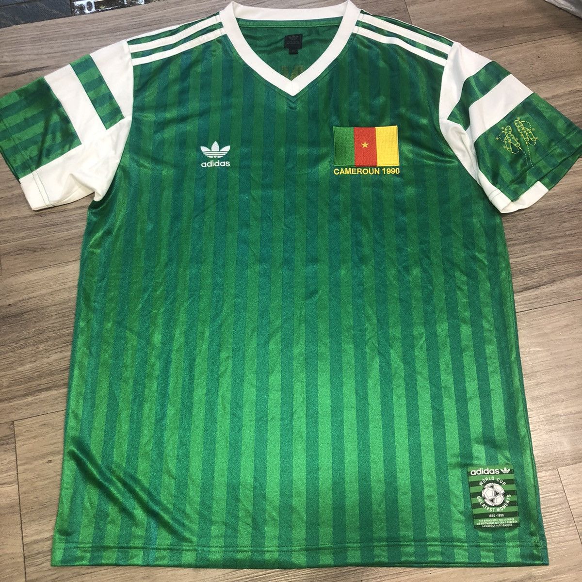 image of Adidas x Bloke Cameroon World Cup 1990 Retro Miller Dancing Jersey in Green, Men's (Size Large)