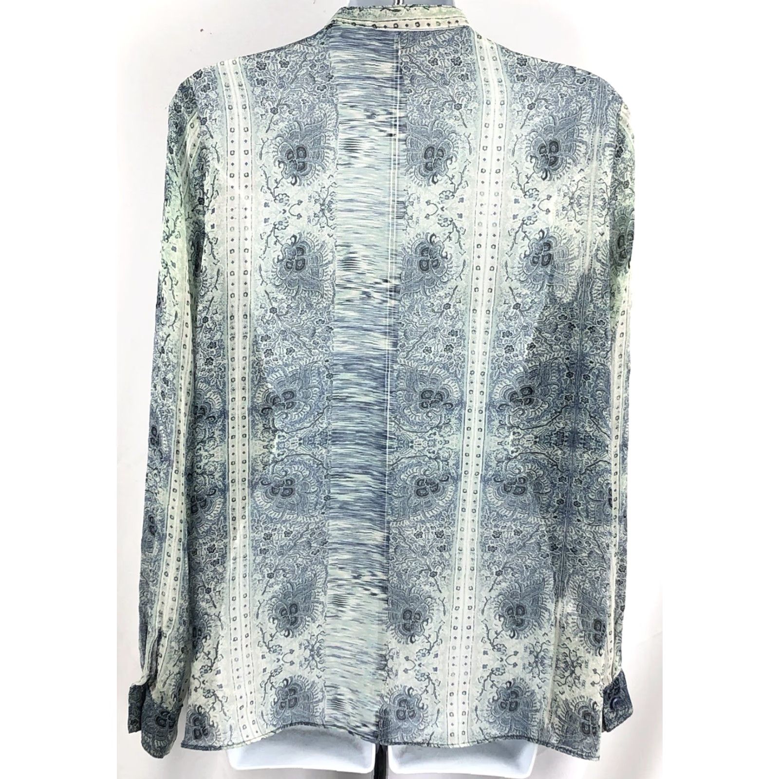BCBGeneration BCBG Flowy Chiffon Top Blue Geo Blouse S Long Sleeve Collared Twist Front Sheer Boho 90s Y2K Career Womens Size S / US 4 / IT 40 - 3 Thumbnail