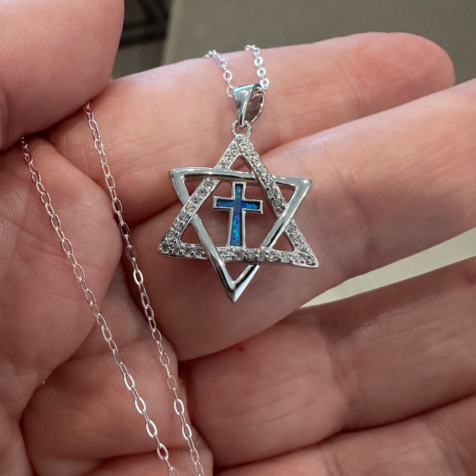 The Unbranded Brand Star of David & Cross CZ Lab Opal Sterling Silver Necklace Size ONE SIZE - 4 Thumbnail