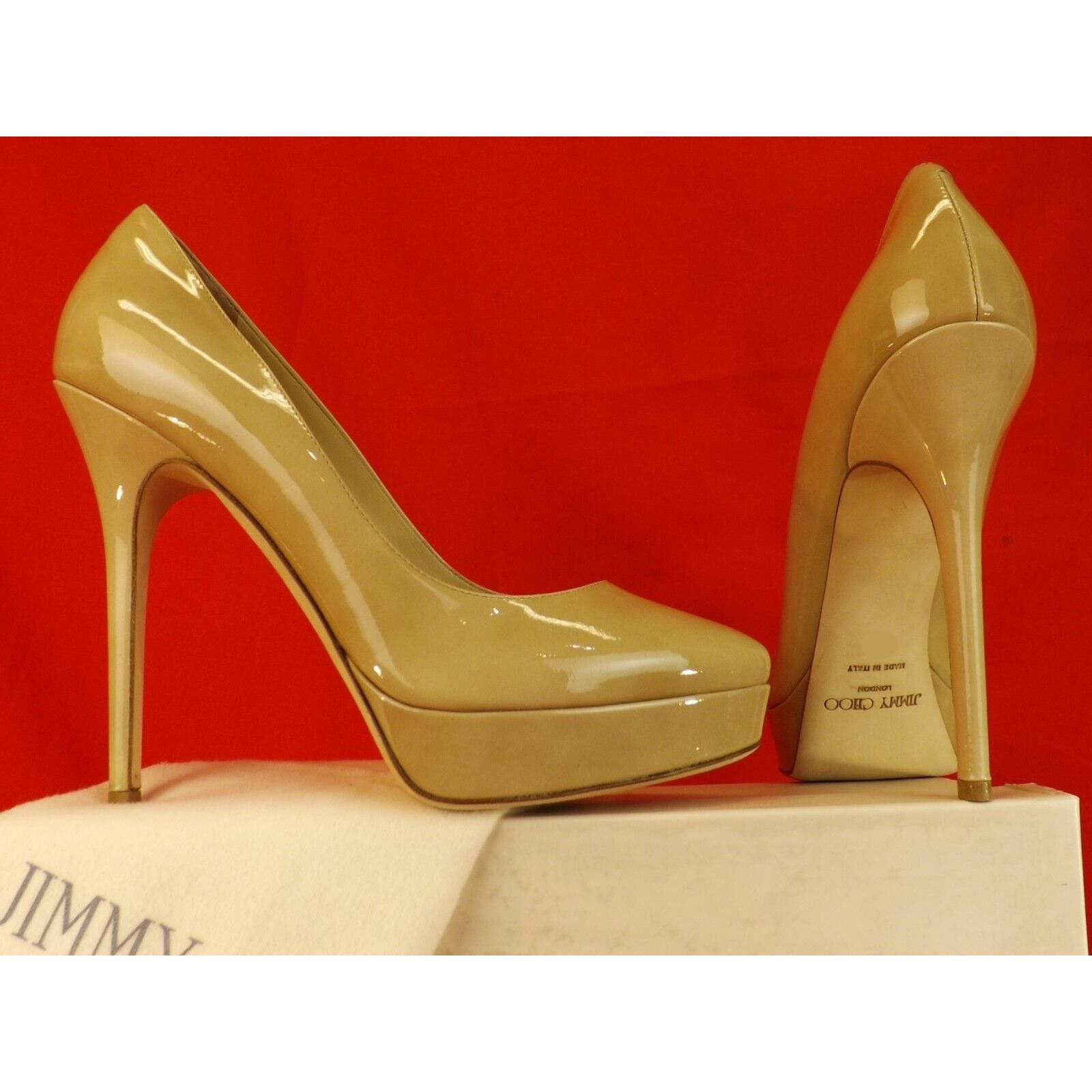 image of Jimmy Choo Cosmic 120 Nude Patent Leather Platform Classic Pumps 39 Shoes in Beige, Women's