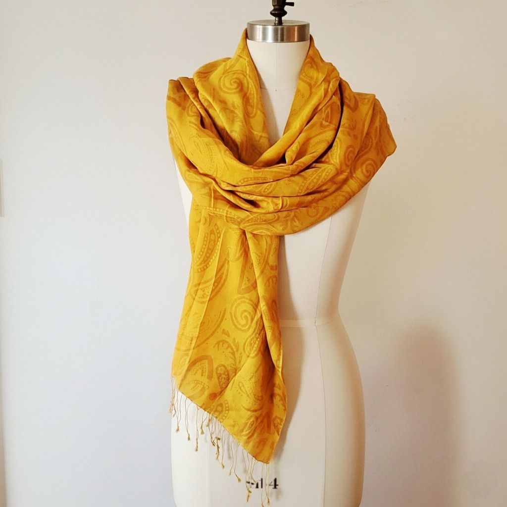 Other 100% Silk 84x27" Scarf Wrap Nepal Abstract Paisley Fringe Size ONE SIZE - 4 Thumbnail