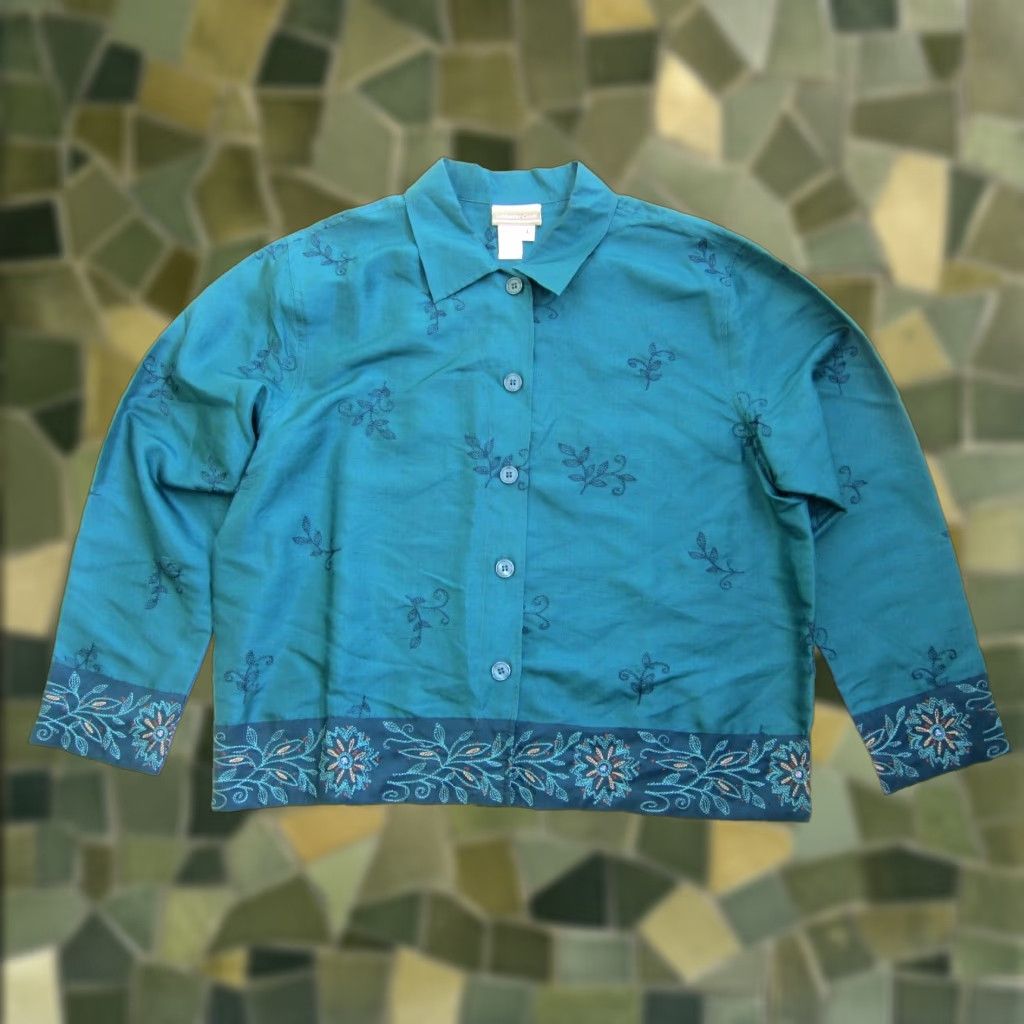 Coldwater Creek Coldwater Creek Blouse Long Sleeve Silk Green Embroidered Button Down Large Womens Size L / US 10 / IT 46 - 1 Thumbnail