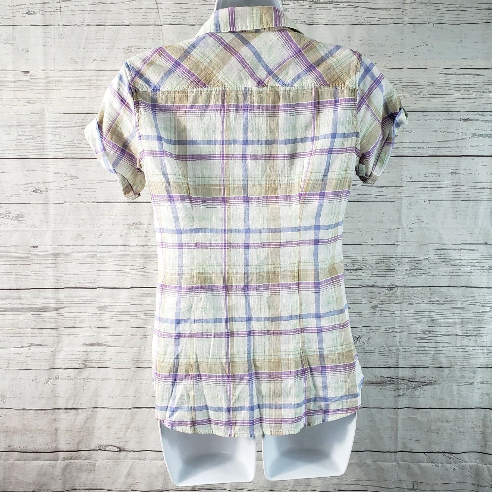 Eddie Bauer Eddie Bauer Button Front Shirt XS Womens Plaid Cotton Blend Green Purple Shaped Fit Short Sleeve Collared Button-Up Vintage No Size XS / US 0-2 / IT 36-38 - 4 Thumbnail
