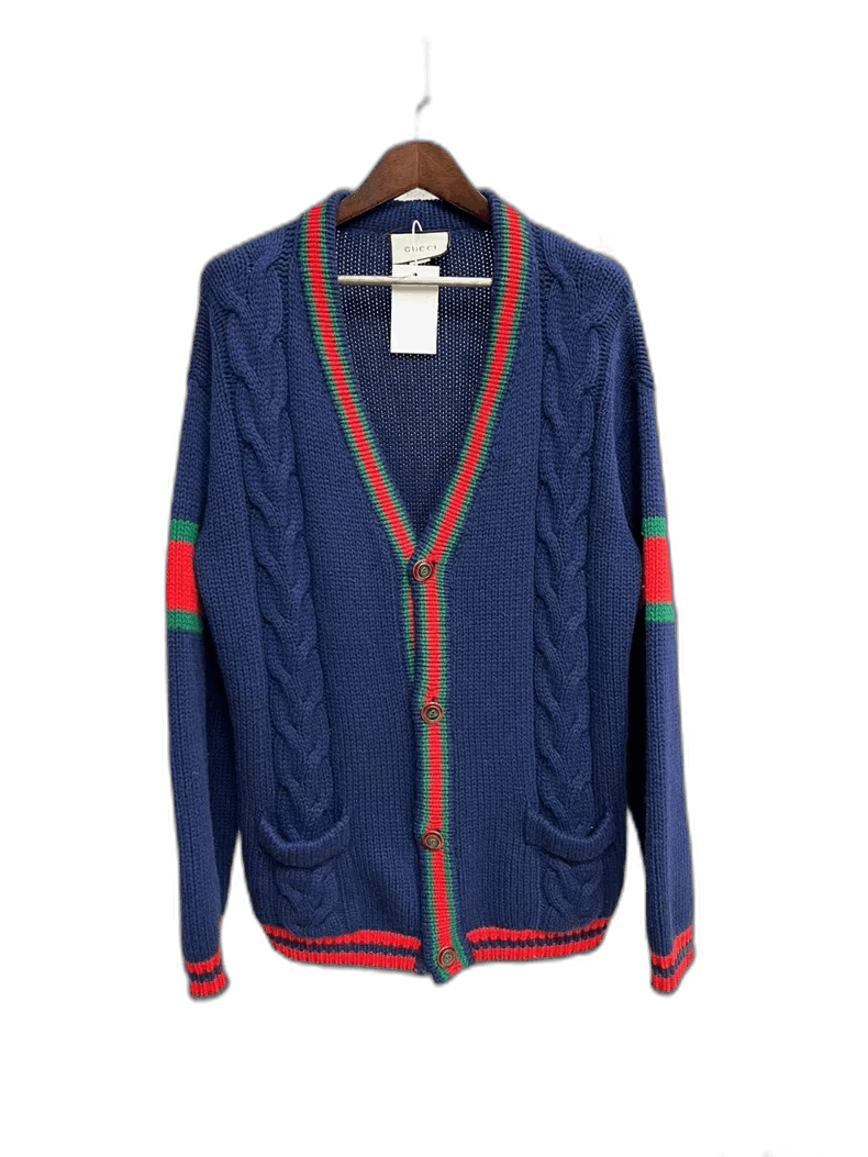 Gucci Gucci Cable Knit Cardigan with Red Green Stripes Size US XXL / EU 58 / 5 - 1 Thumbnail