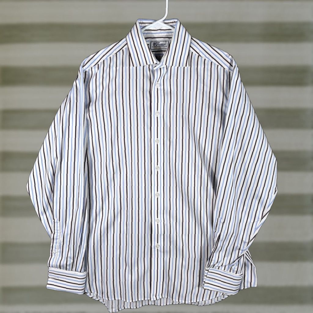 Vintage Skip Gambert Dress Shirt Mens XL White/Brown/Blue Stripe Cotton French Cuff USA Shirt Mens XL White/Brown/Blue Stripe Cotton French Cuff USA Size 46R - 1 Thumbnail