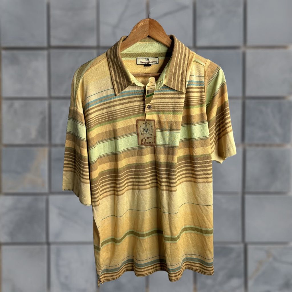 Tommy Bahama Tommy Bahama Polo Shirt Mens Large Yellow Ombre Stripe Silk Cotton Casual Golf Shirt Size US L / EU 52-54 / 3 - 1 Thumbnail