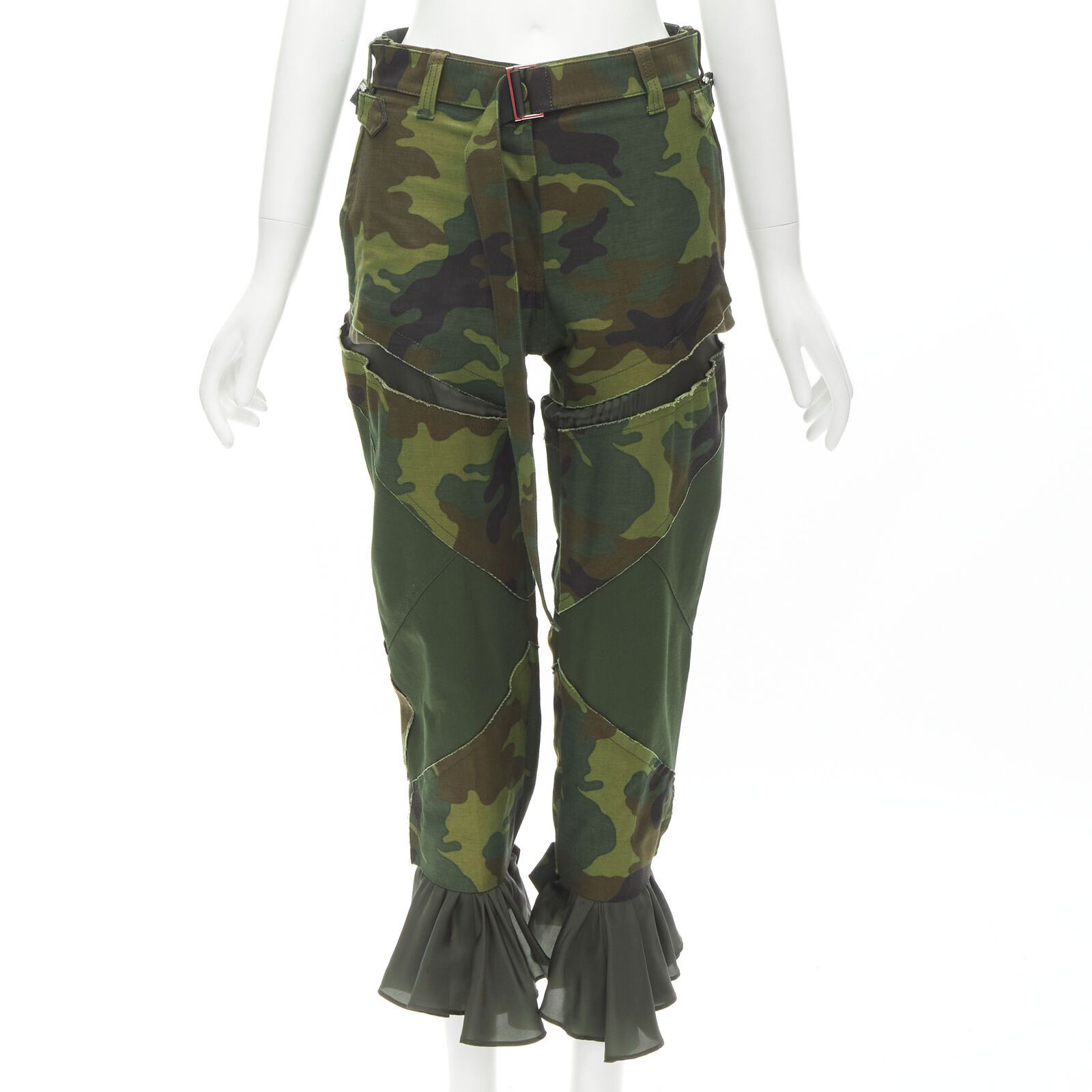image of Sacai Chitose Abe Green Camouflage Deconstructed Patchwork Flared Hem Pants S, Women's (Size 27)