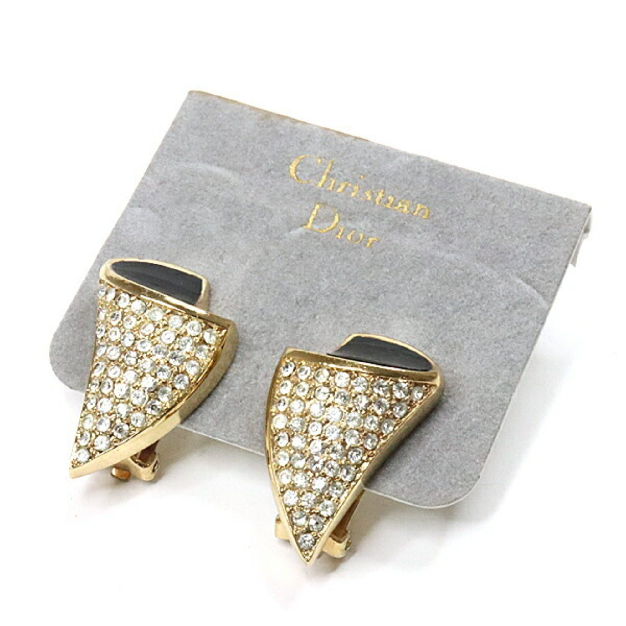 image of Christian Dior Crystal Earrings Metal/enamel Gold/black/clear Clip Type Rubber Pad Deterioration Ex