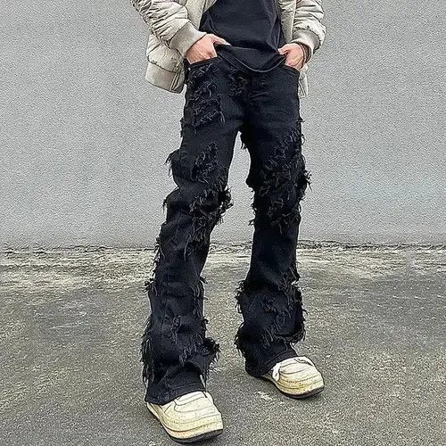 Opium Distressed Black Stack Denim Jeans y2k retro style