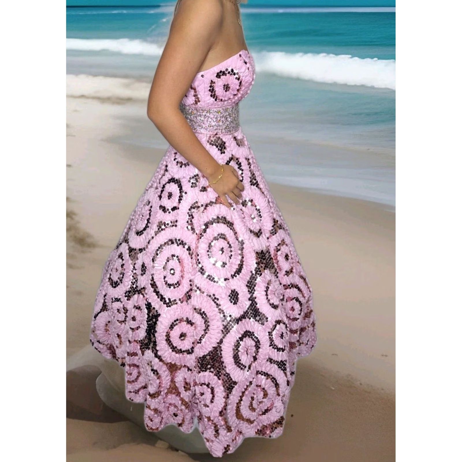 Vintage WOW PROM & PAGEANT Embellished Strapless Gown - Pink, 6, Adult Women, Long Formal Dress, Ball Gown, Quinceanera, Prom, Wedding, Beaded, Sequins Size M / US 6-8 / IT 42-44 - 5 Thumbnail