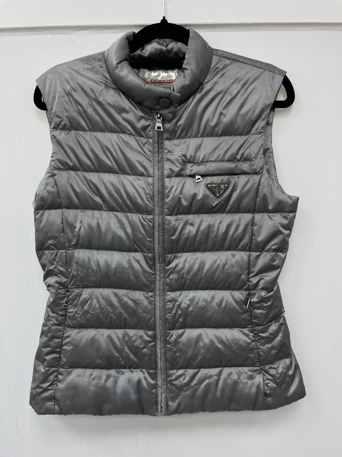 image of Prada Nylon Logo Patch Triangle Puffer Vest Jacket in Grey, Women's (Size Small)