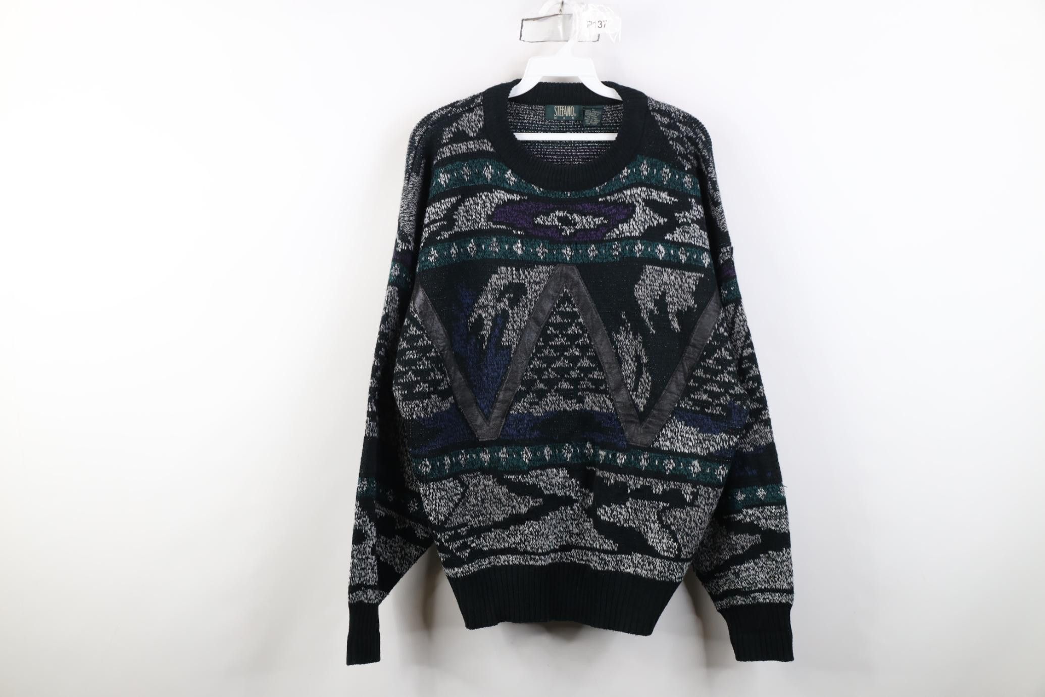 Vintage Vintage 90s Streetwear Leather Trim Knit Crewneck Sweater Size US L / EU 52-54 / 3 - 1 Thumbnail