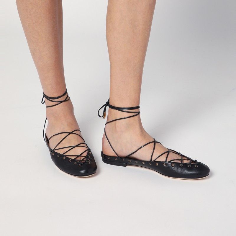 Chloe Chloé Black Leather Ghillie Ballerinas Shoes, Women's (Size 8.5)