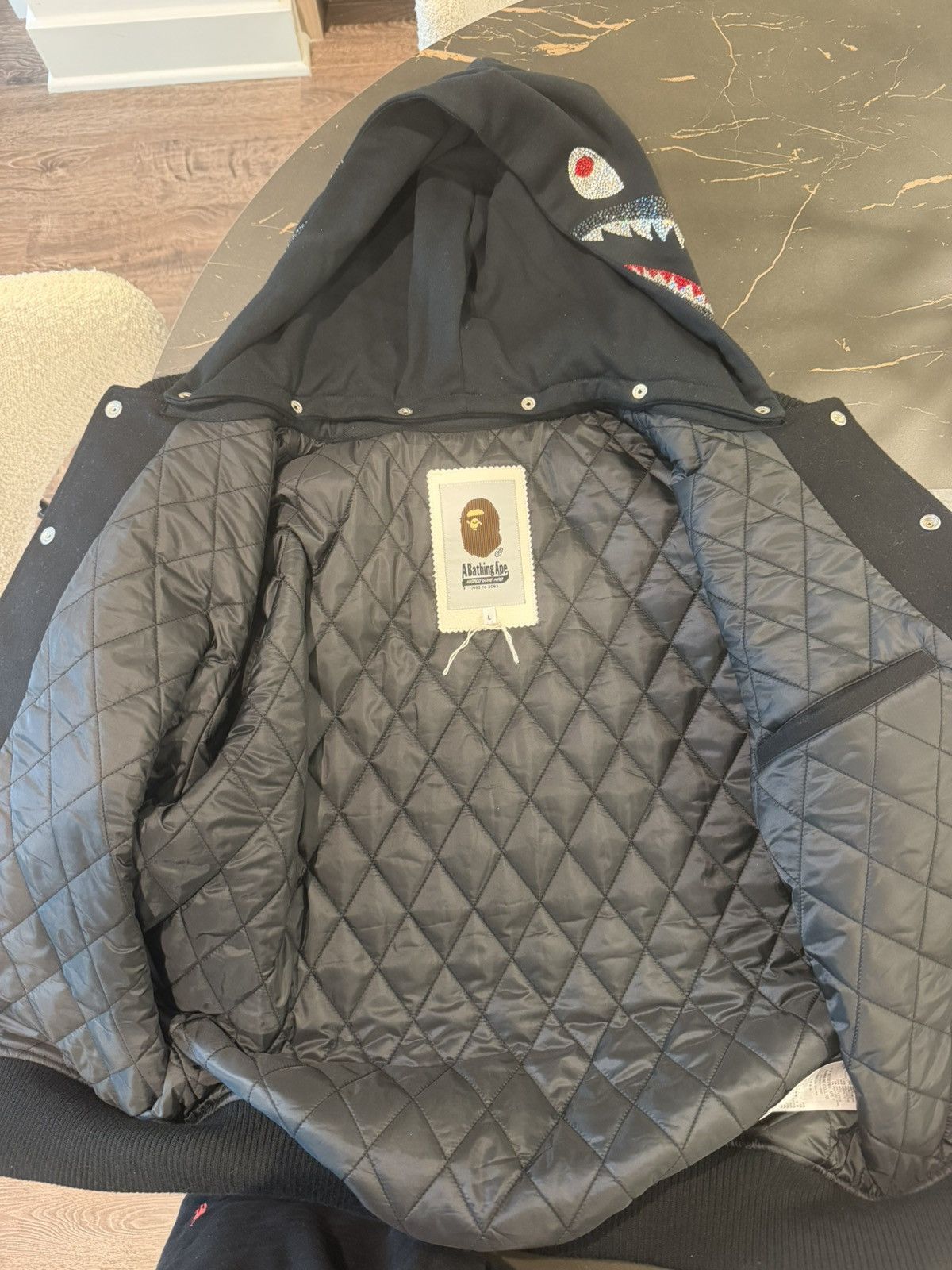 Bape × Swarovski BAPE x Swarovski Shark Hooded Varsity Jacket Size US L / EU 52-54 / 3 - 8 Thumbnail