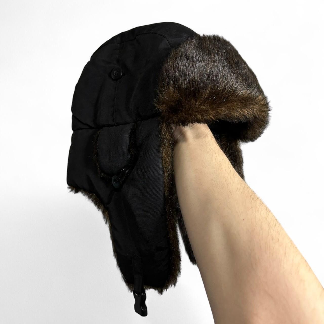 Japanese Brand Vintage Style Black Fur Trim Trapper Hat Size ONE SIZE - 1 Thumbnail