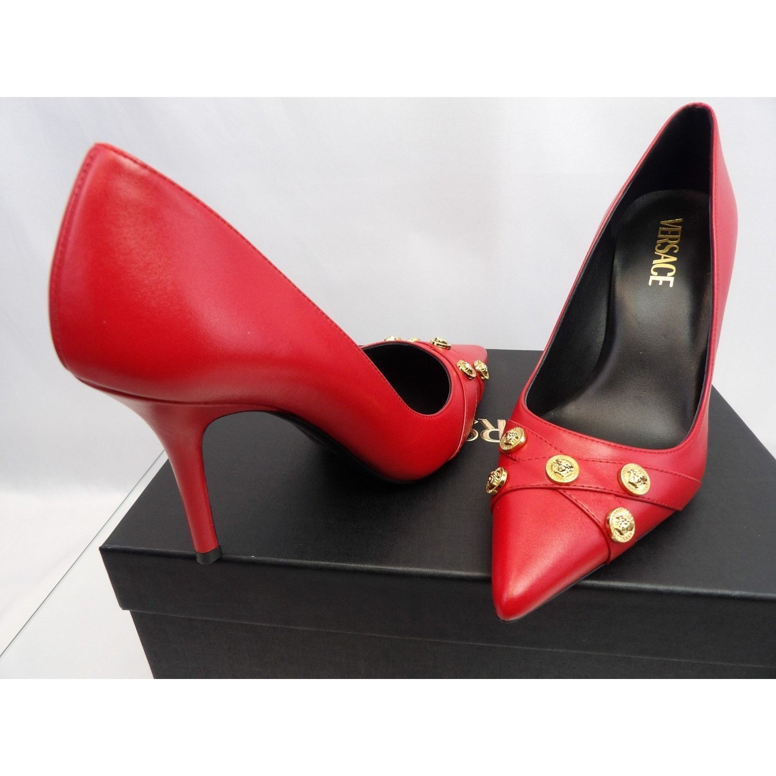 Versace NIB VERSACE RED LEATHER GOLD MEDUSA LOGO STUDS PUMPS 36 Size US 6 / IT 36 - 2 Thumbnail