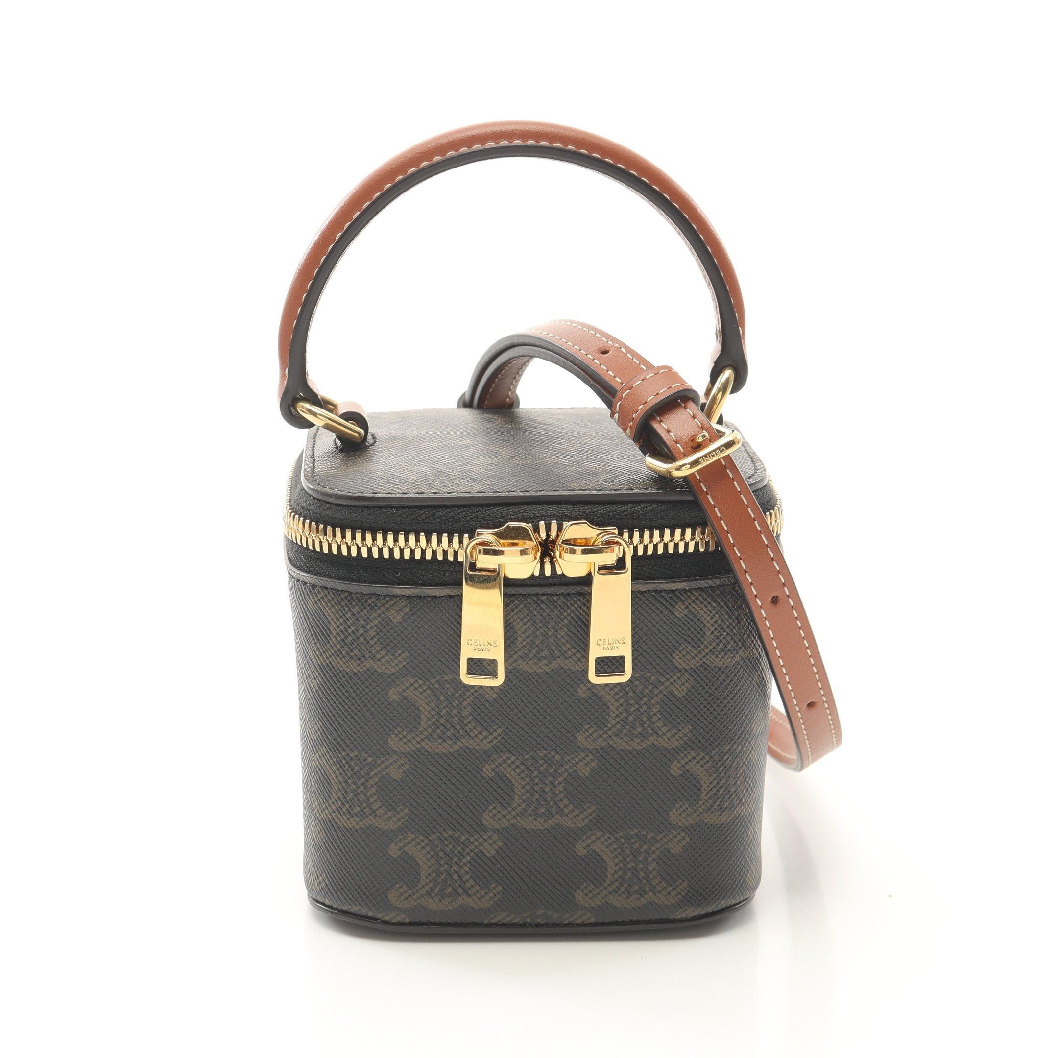 Celine Triomphe Mini Vanity Bag Handbag Leather Black Brown, Women's