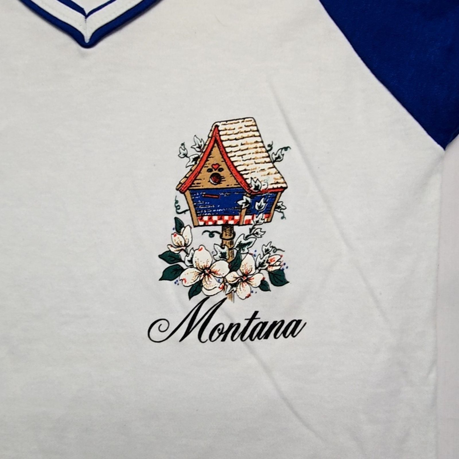 Vintage Vintage Montana Shirt La Riche V-Neck White Blue Small Tee Size S / US 4 / IT 40 - 2 Thumbnail