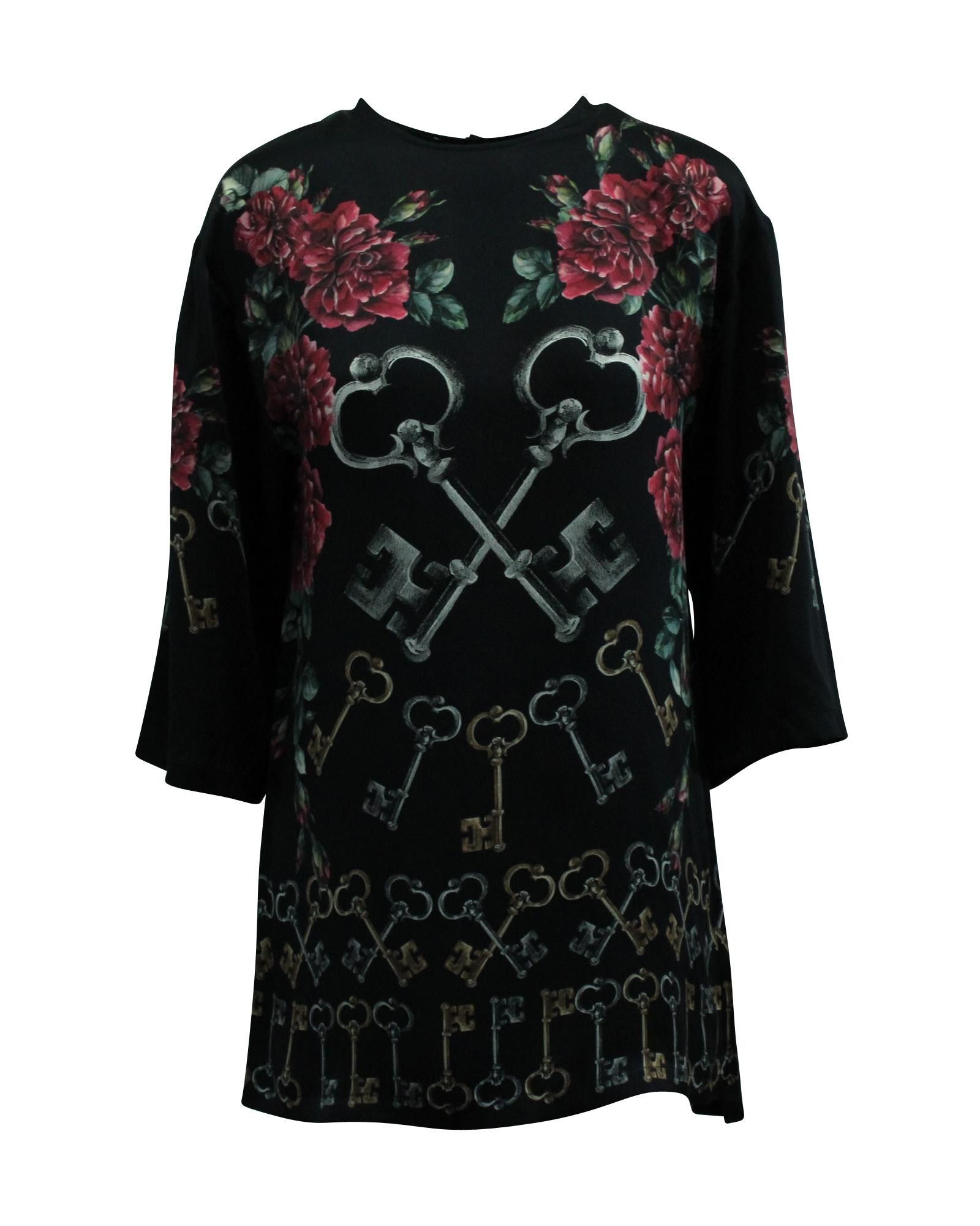 image of Dolce Gabbana Floral And Key Print Mini Dress In Black Viscose, Women's (Size XS)